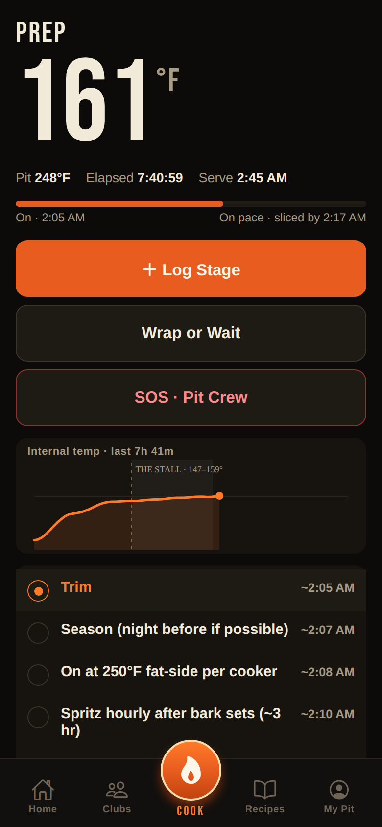 SmokeRing live cook screen — giant stage word and temps