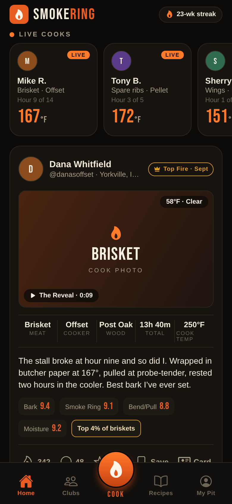 SmokeRing home feed — live cooks and cook posts from your crew